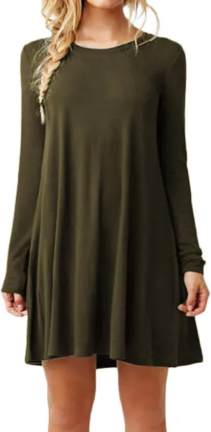 OMZIN Women's T Shirt Solid Color Dress Long Sleeve Crew Neck Dress Tunics Loose Dresses