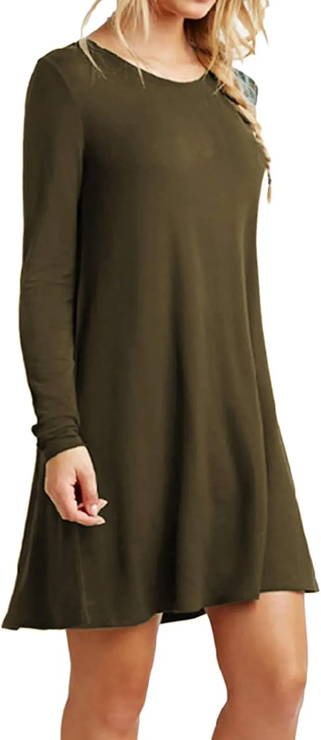 OMZIN Women's T Shirt Solid Color Dress Long Sleeve Crew Neck Dress Tunics Loose Dresses