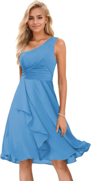 One Shoulder Bridesmaid Dresses Short Ruched Chiffon Formal Dress for Women Wedding Guest
