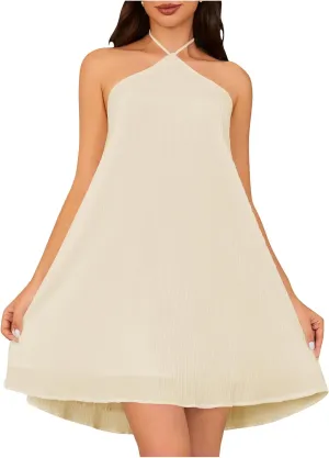 OYOANGLE Women's Summer Beach Dresses Sleeveless Halter Tie Back Solid Backless Flared Short Dress