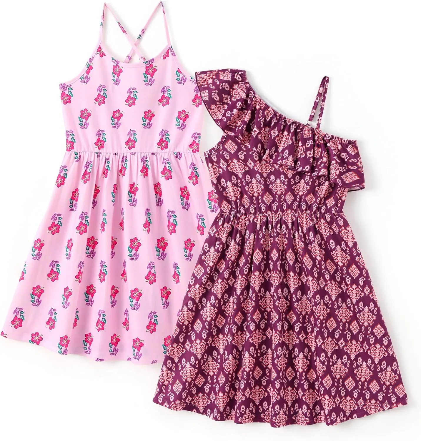 PATPAT Girls Summer Beach Dress Boho Hawaiian Floral One Shoulder Sundress Pack of 2 Size 3-10 Years