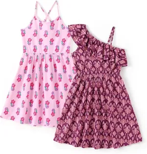 PATPAT Girls Summer Beach Dress Boho Hawaiian Floral One Shoulder Sundress Pack of 2 Size 3-10 Years