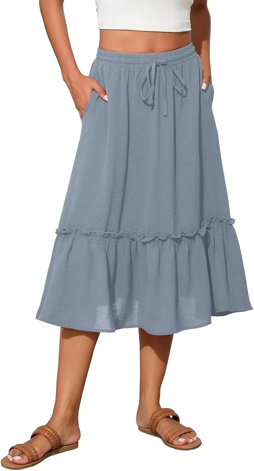 Pleated Midi Skirts for Women Trendy Summer Skirts Casual Drawstring Elastic Waist Tiered Flowy Skirt with Pockets