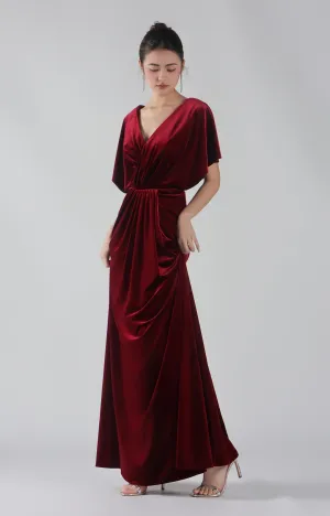 Pleated V-Neck Short Sleeve Maxi Dresses