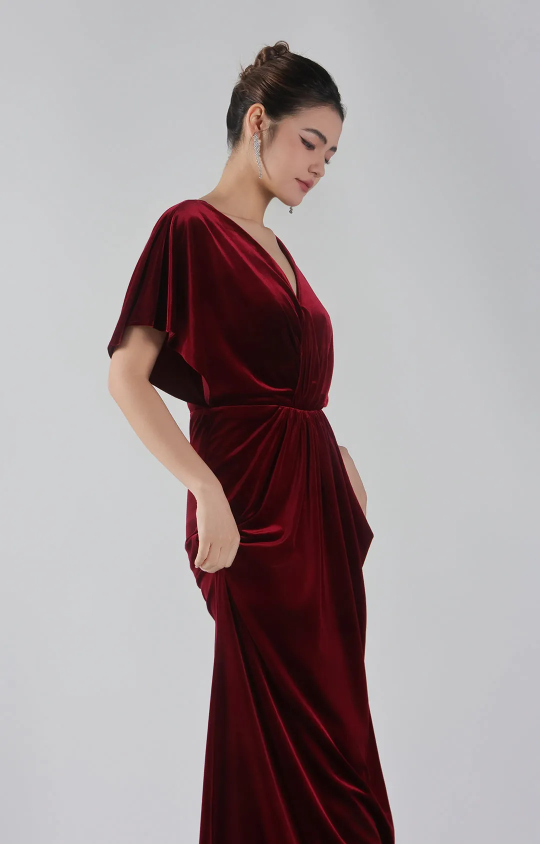 Pleated V-Neck Short Sleeve Maxi Dresses