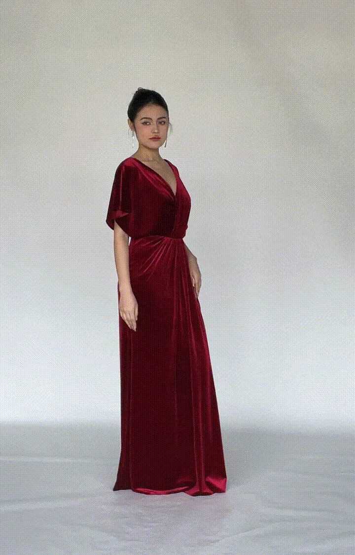 Pleated V-Neck Short Sleeve Maxi Dresses