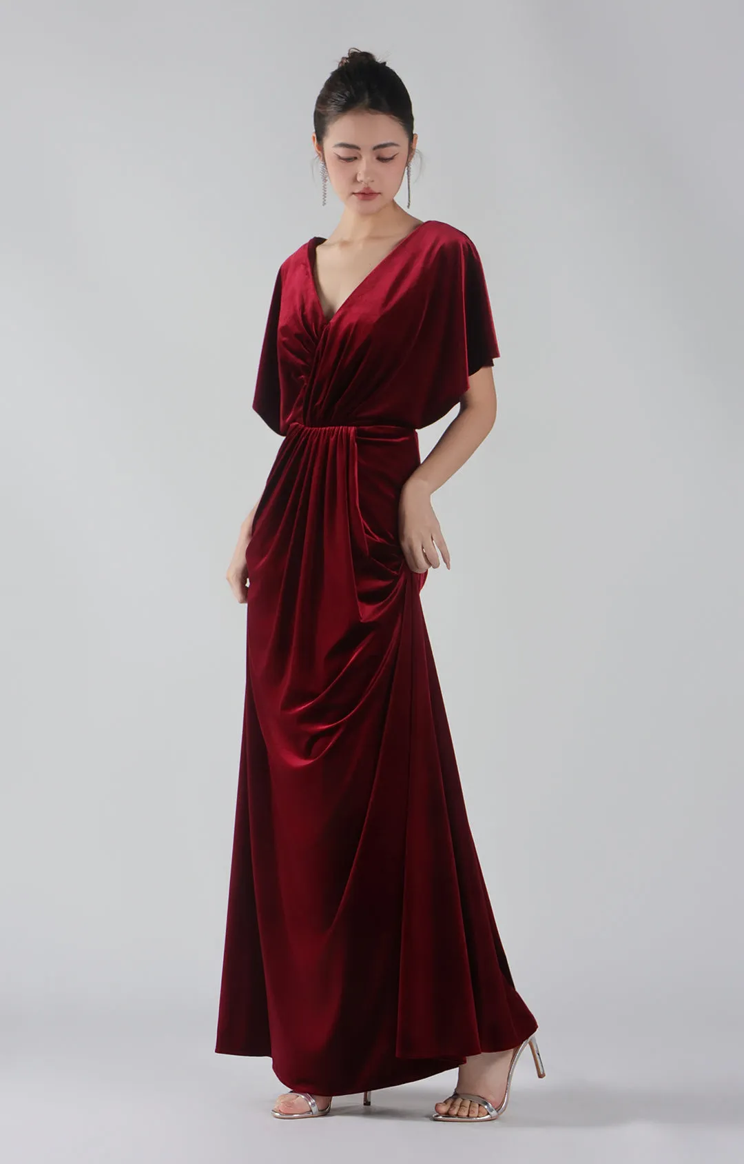 Pleated V-Neck Short Sleeve Maxi Dresses