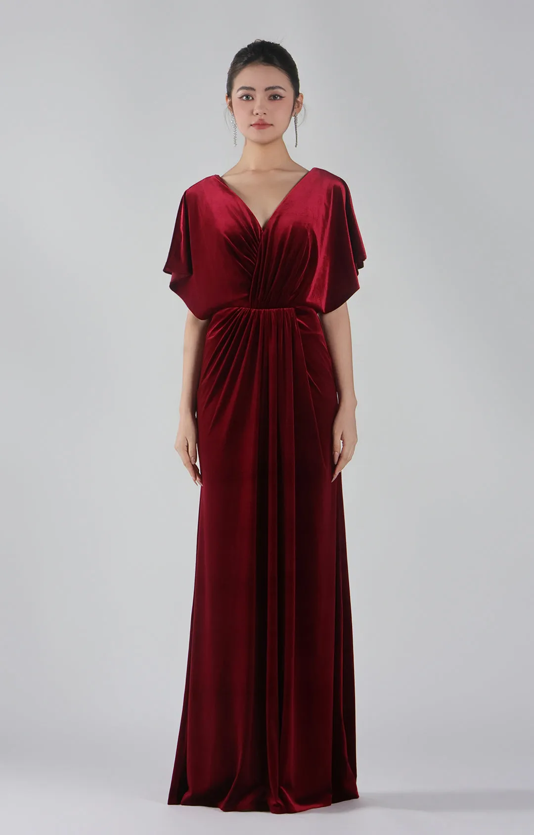 Pleated V-Neck Short Sleeve Maxi Dresses