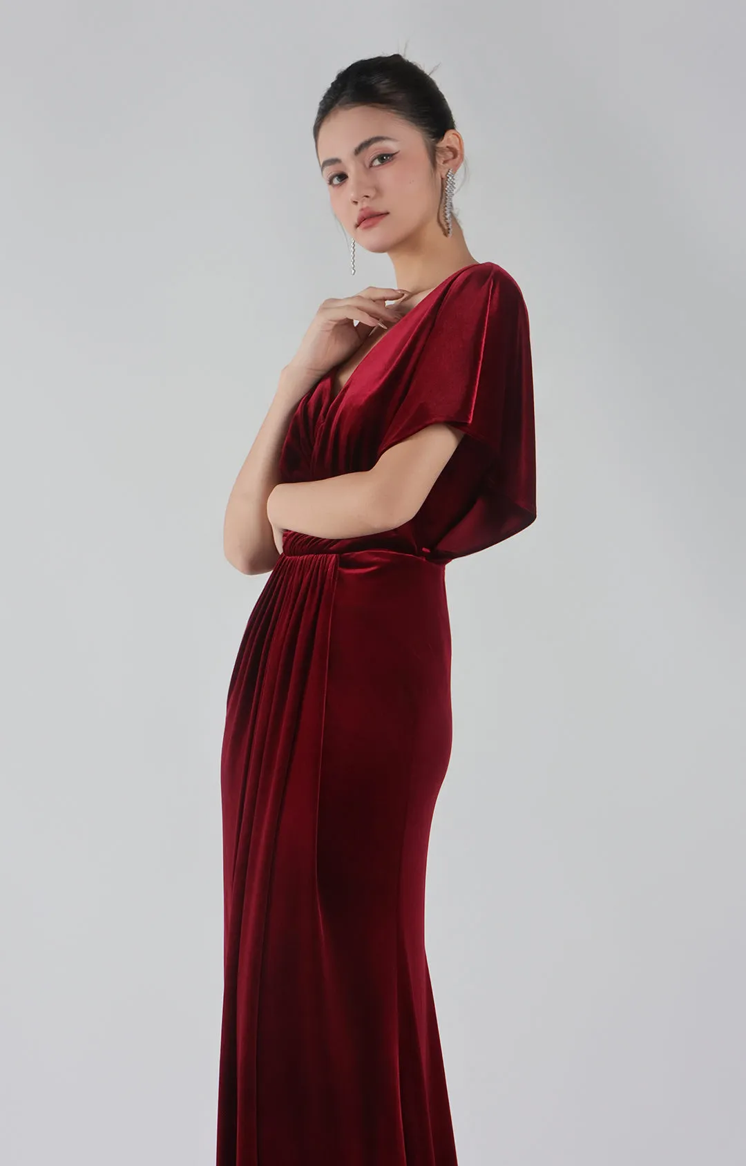 Pleated V-Neck Short Sleeve Maxi Dresses