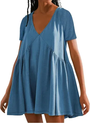 Plus Size Dress for Women Summer Loose V Neck Short Sleeve Mini Dresses Cute Lightweight Ruffle Hem Beach Sundress