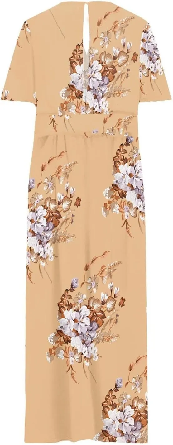Plus Size Dresses for Women Casual Floral Maxi V Neck Flowy Long Dress Loose Comfy Summer Beach Vacation Sundress