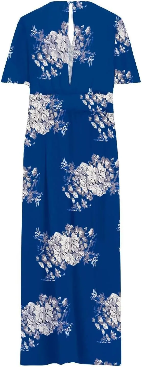 Plus Size Dresses for Women Casual Floral Maxi V Neck Flowy Long Dress Loose Comfy Summer Beach Vacation Sundress