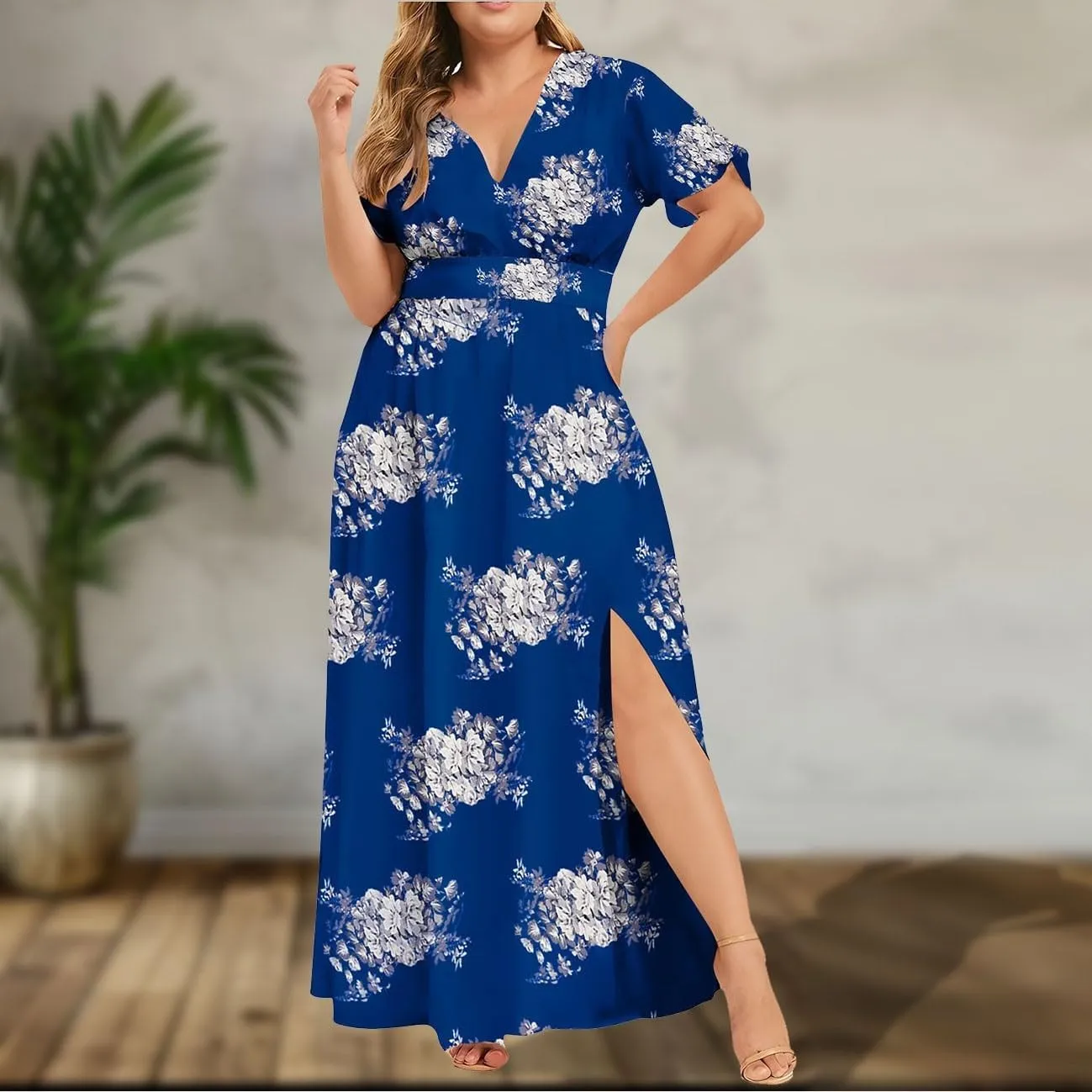 Plus Size Dresses for Women Casual Floral Maxi V Neck Flowy Long Dress Loose Comfy Summer Beach Vacation Sundress