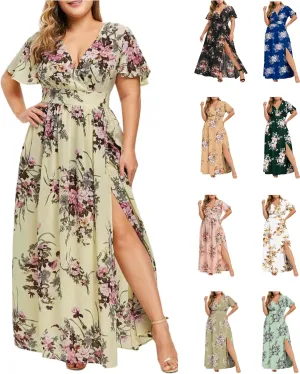 Plus Size Dresses for Women Casual Floral Maxi V Neck Flowy Long Dress Loose Comfy Summer Beach Vacation Sundress