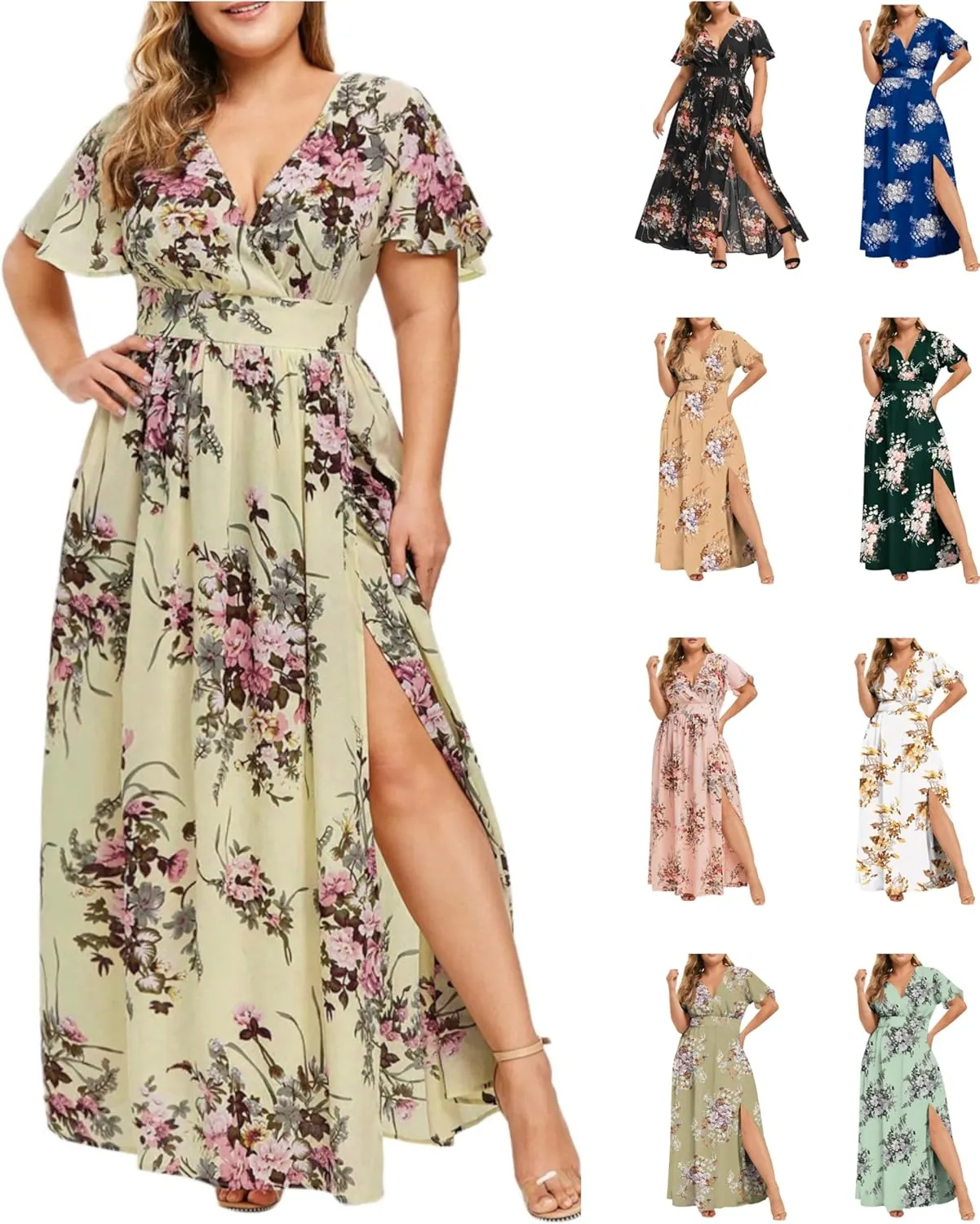 Plus Size Dresses for Women Casual Floral Maxi V Neck Flowy Long Dress Loose Comfy Summer Beach Vacation Sundress