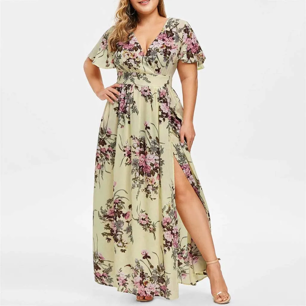Plus Size Dresses for Women Casual Floral Maxi V Neck Flowy Long Dress Loose Comfy Summer Beach Vacation Sundress