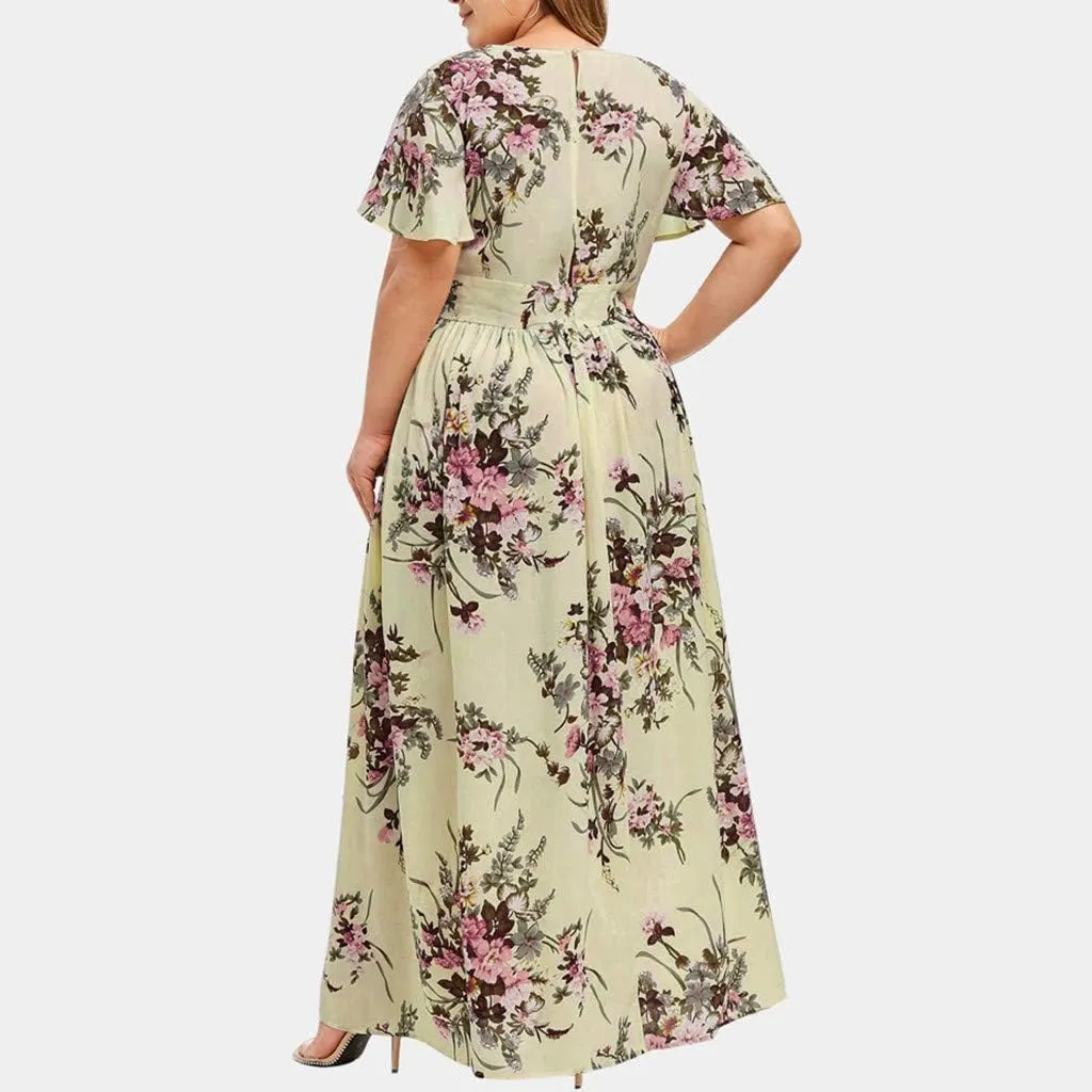 Plus Size Dresses for Women Casual Floral Maxi V Neck Flowy Long Dress Loose Comfy Summer Beach Vacation Sundress