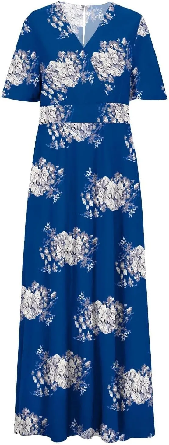 Plus Size Dresses for Women Casual Floral Maxi V Neck Flowy Long Dress Loose Comfy Summer Beach Vacation Sundress