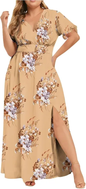Plus Size Dresses for Women Casual Floral Maxi V Neck Flowy Long Dress Loose Comfy Summer Beach Vacation Sundress