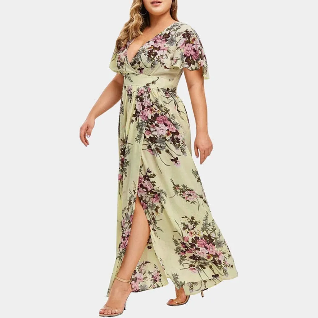 Plus Size Dresses for Women Casual Floral Maxi V Neck Flowy Long Dress Loose Comfy Summer Beach Vacation Sundress