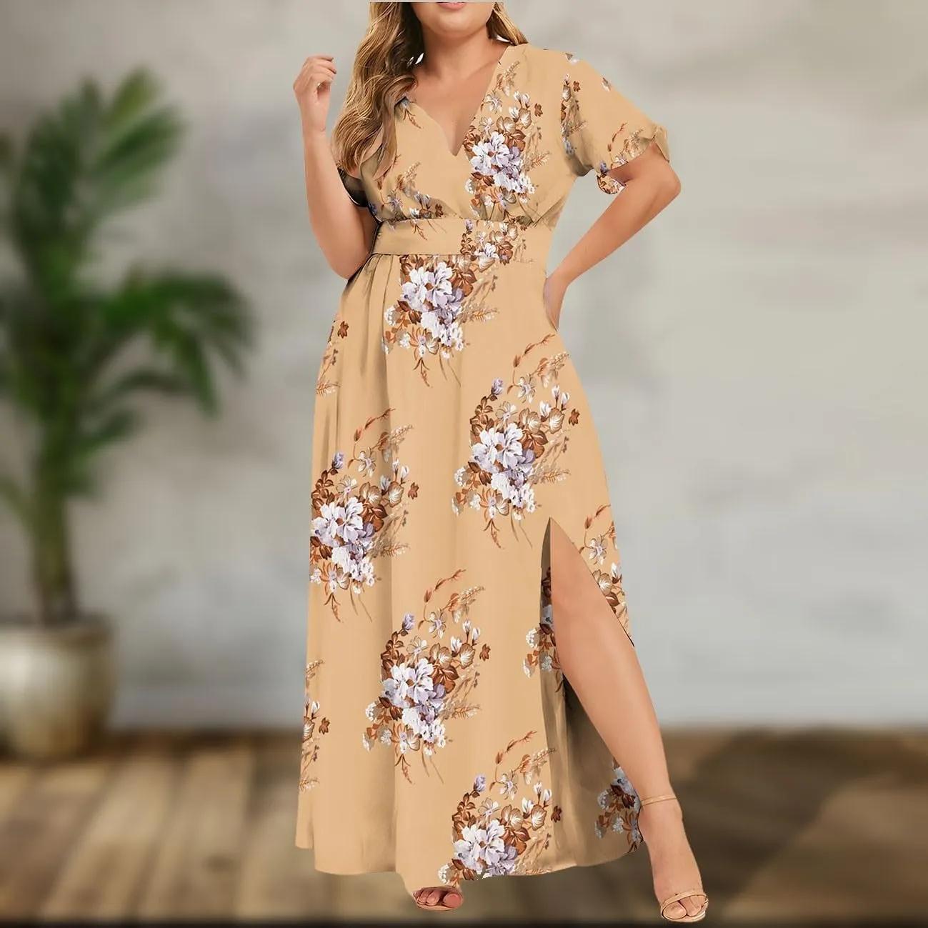 Plus Size Dresses for Women Casual Floral Maxi V Neck Flowy Long Dress Loose Comfy Summer Beach Vacation Sundress