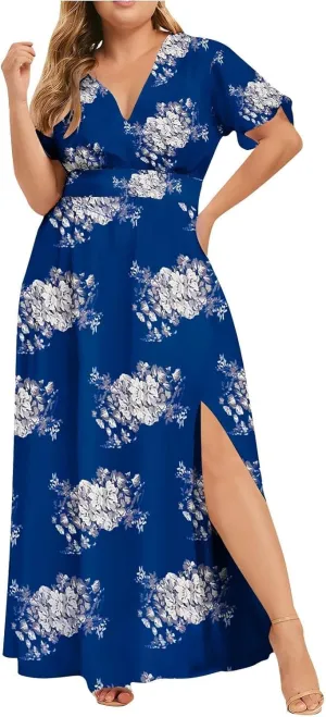 Plus Size Dresses for Women Casual Floral Maxi V Neck Flowy Long Dress Loose Comfy Summer Beach Vacation Sundress