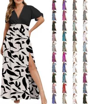Plus Size Maxi Dresses for Women 2025 Summer Casual Floral Print V Neck Swing Flowy Dress Boho Beach Long Sundresses