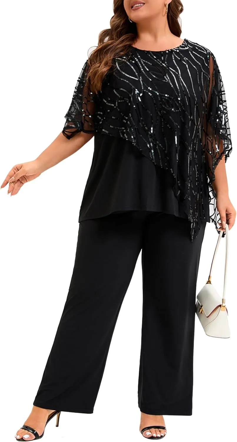 Plus Size Mother of The Bride Pant Suits 2 Piece Set Elegant Embroidered Sequins High Low Hem Wedding Guest Outfit for Women