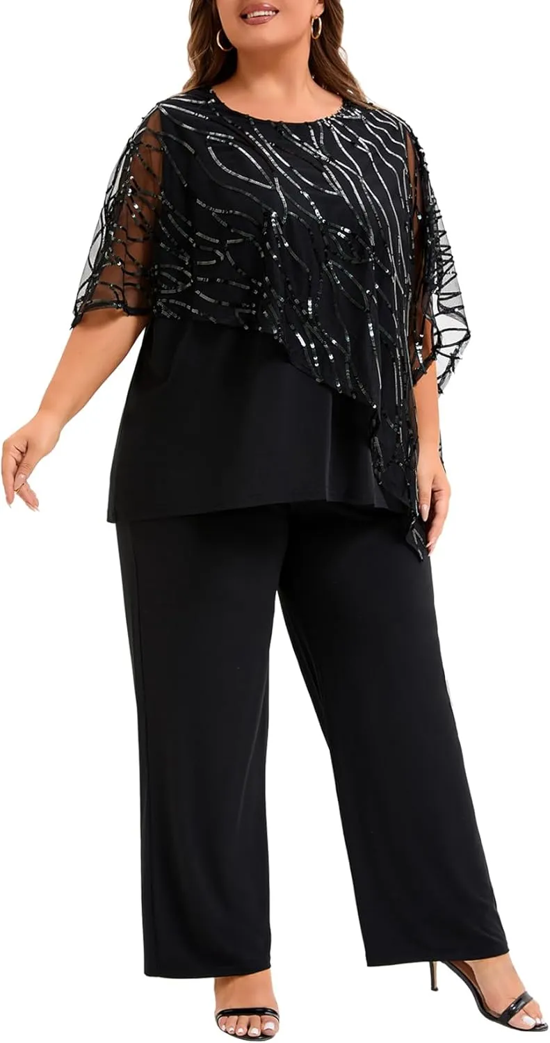 Plus Size Mother of The Bride Pant Suits 2 Piece Set Elegant Embroidered Sequins High Low Hem Wedding Guest Outfit for Women