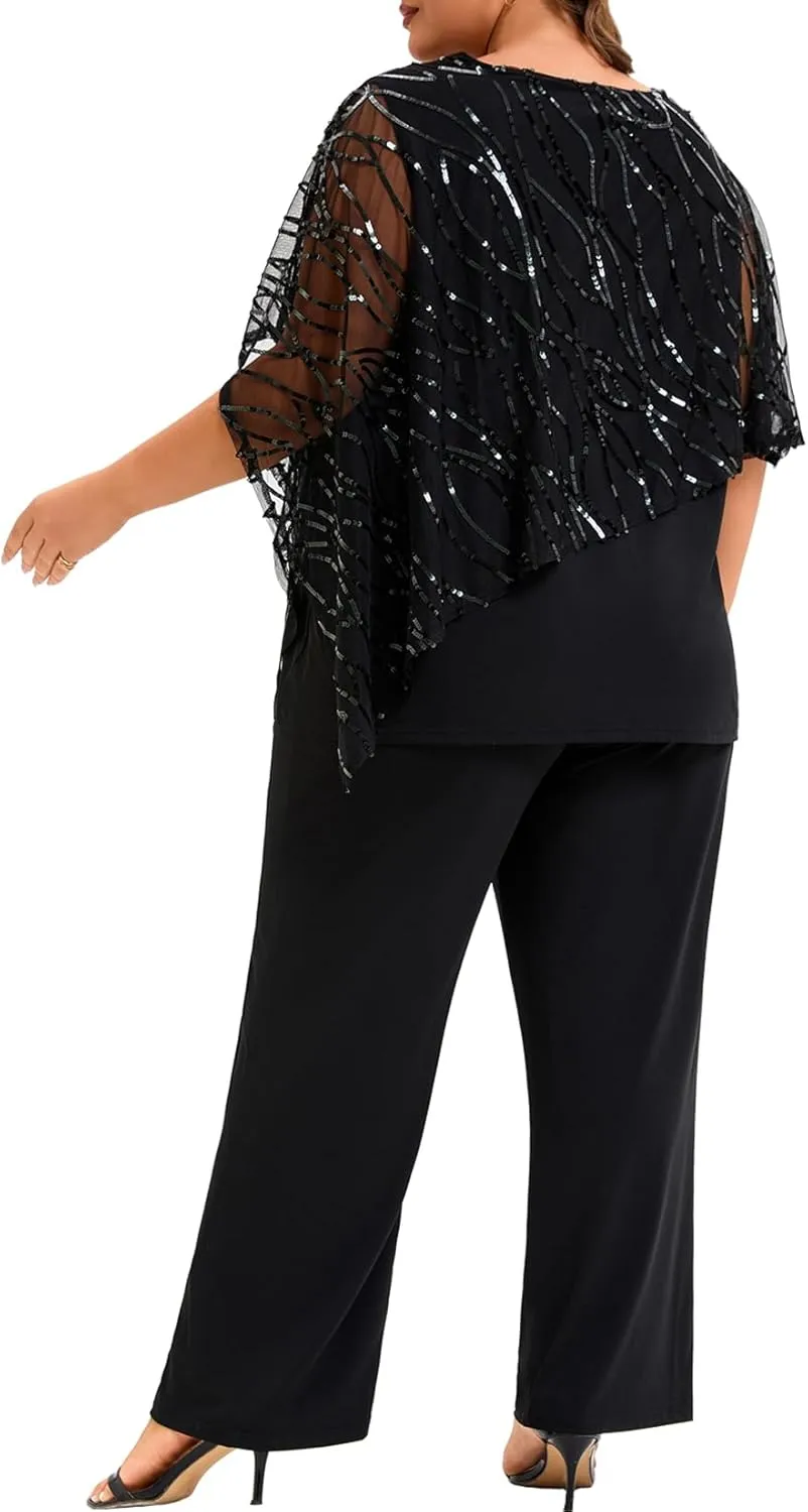 Plus Size Mother of The Bride Pant Suits 2 Piece Set Elegant Embroidered Sequins High Low Hem Wedding Guest Outfit for Women