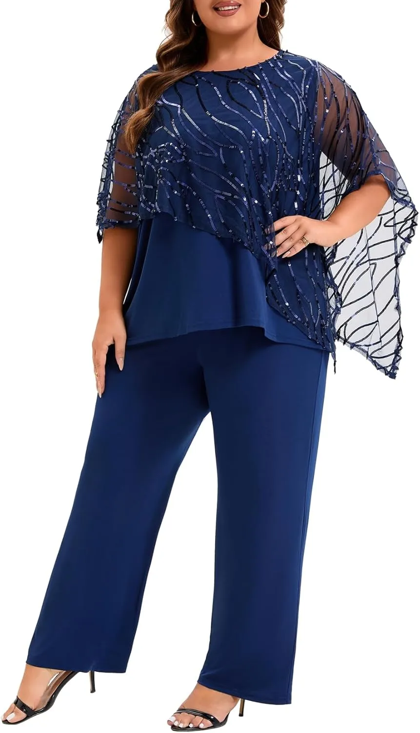 Plus Size Mother of The Bride Pant Suits 2 Piece Set Elegant Embroidered Sequins High Low Hem Wedding Guest Outfit for Women