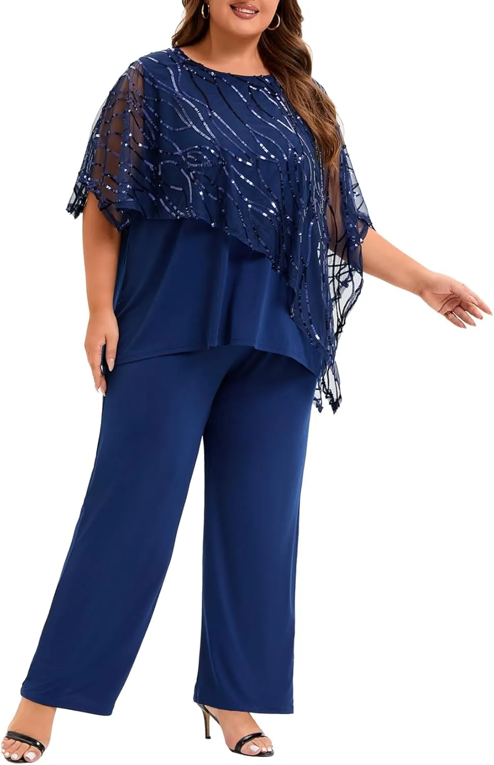 Plus Size Mother of The Bride Pant Suits 2 Piece Set Elegant Embroidered Sequins High Low Hem Wedding Guest Outfit for Women