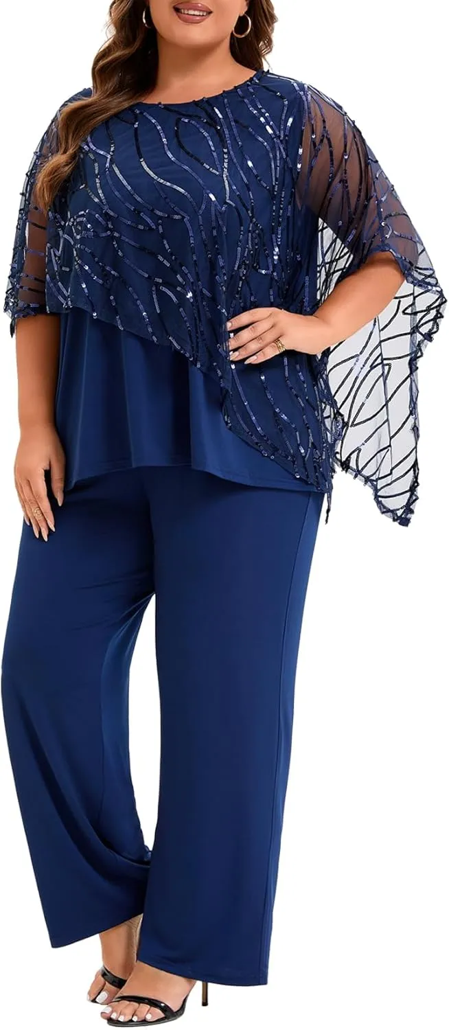 Plus Size Mother of The Bride Pant Suits 2 Piece Set Elegant Embroidered Sequins High Low Hem Wedding Guest Outfit for Women