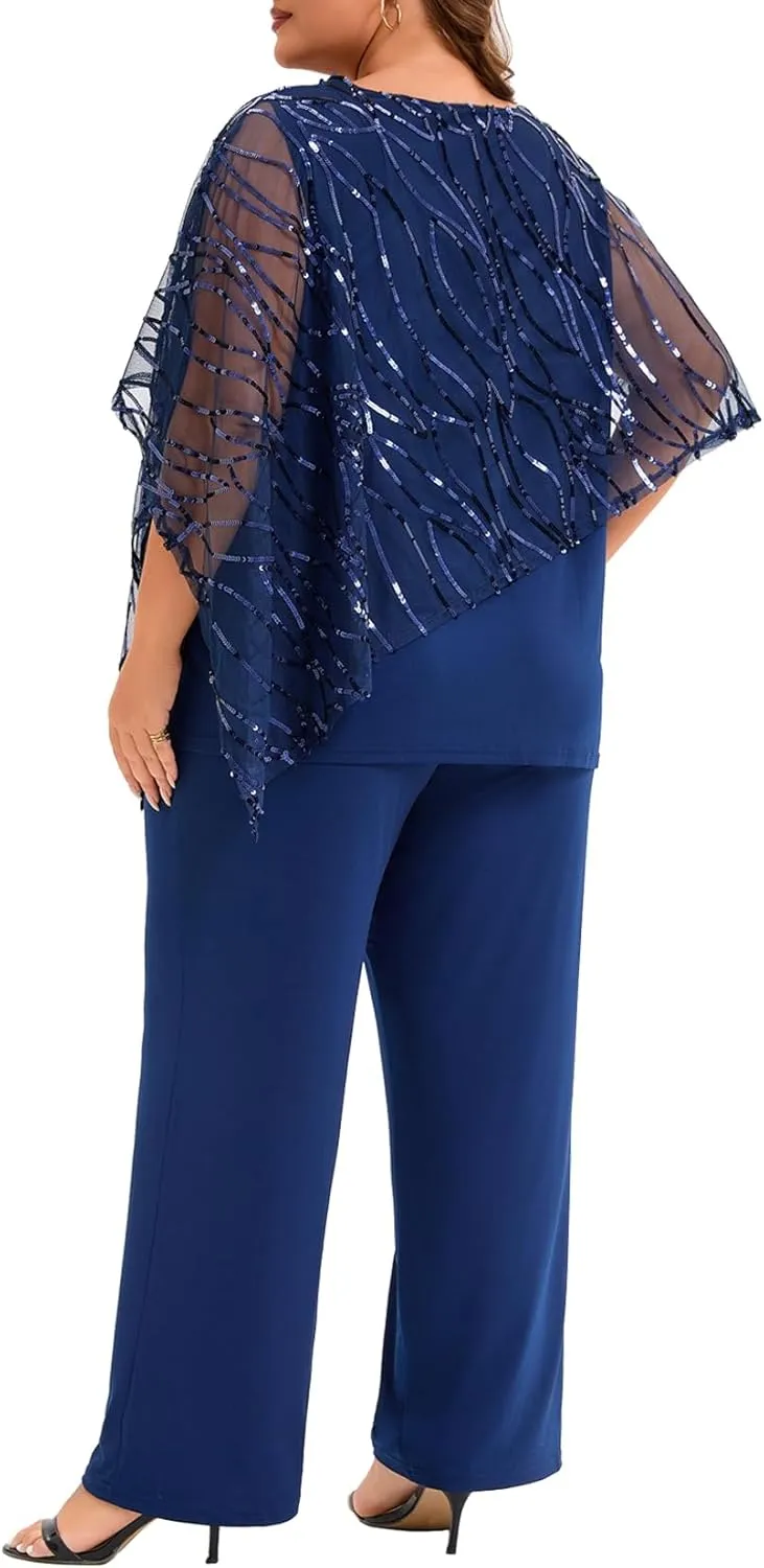 Plus Size Mother of The Bride Pant Suits 2 Piece Set Elegant Embroidered Sequins High Low Hem Wedding Guest Outfit for Women