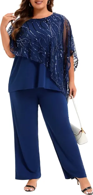 Plus Size Mother of The Bride Pant Suits 2 Piece Set Elegant Embroidered Sequins High Low Hem Wedding Guest Outfit for Women