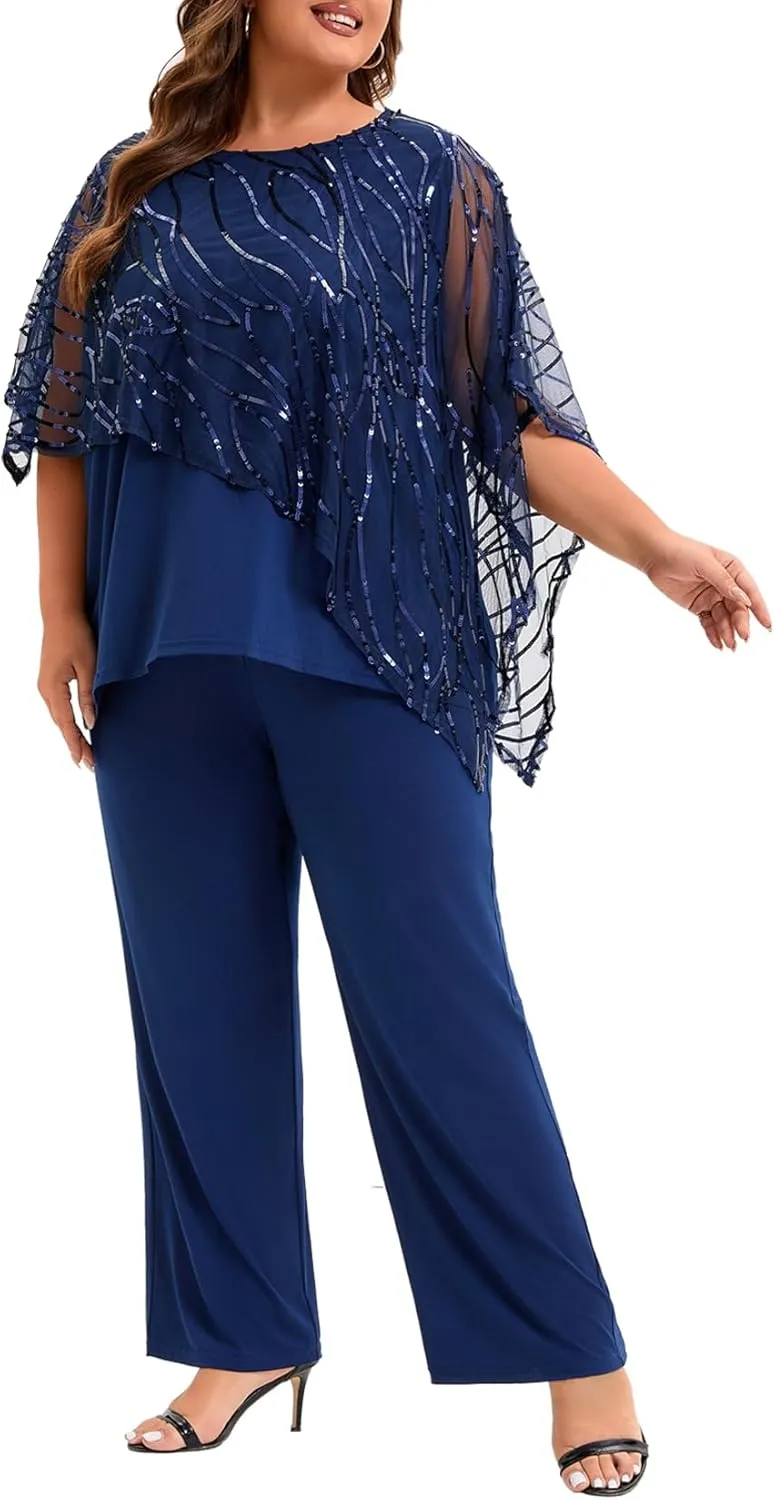 Plus Size Mother of The Bride Pant Suits 2 Piece Set Elegant Embroidered Sequins High Low Hem Wedding Guest Outfit for Women