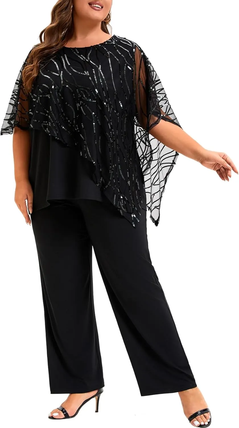 Plus Size Mother of The Bride Pant Suits 2 Piece Set Elegant Embroidered Sequins High Low Hem Wedding Guest Outfit for Women