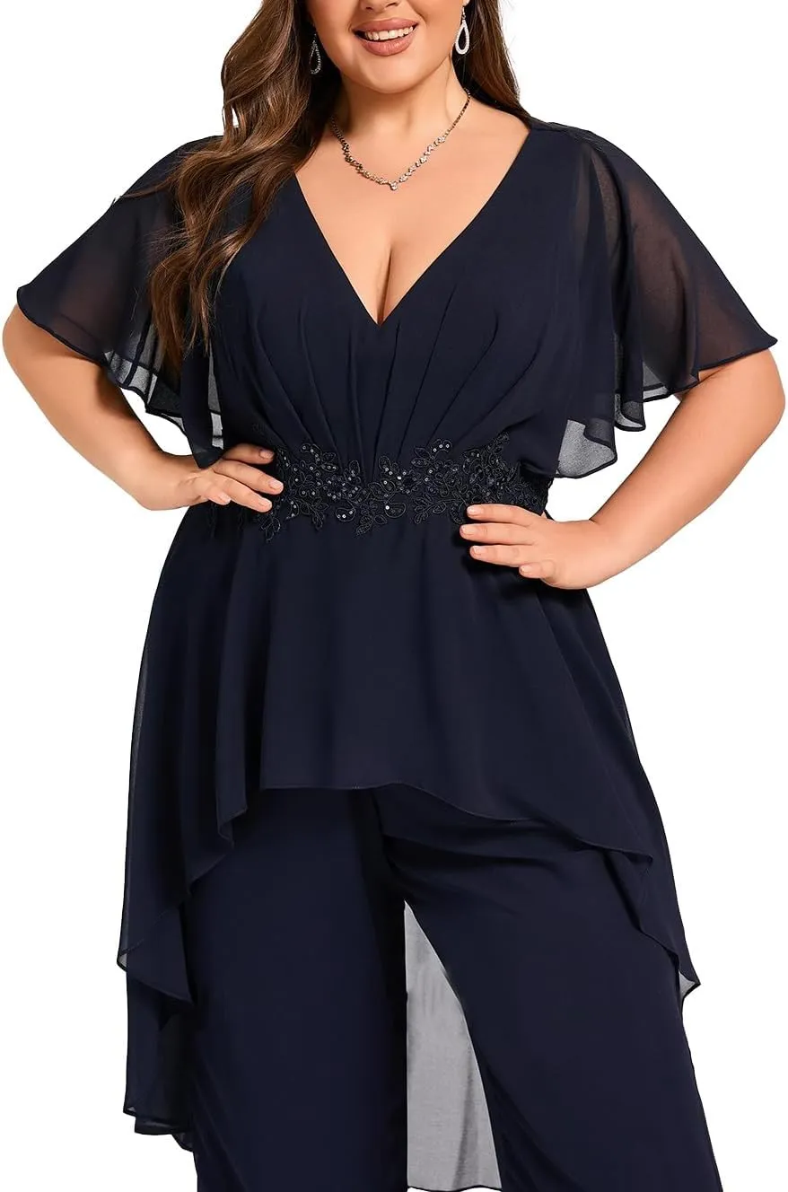 Plus Size Pantsuit Chiffon V Neck Mother of The Bride Pant Suits for Wedding Guest Formal Dresses Outfit Set