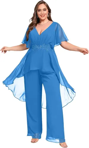 Plus Size Pantsuit Chiffon V Neck Mother of The Bride Pant Suits for Wedding Guest Formal Dresses Outfit Set