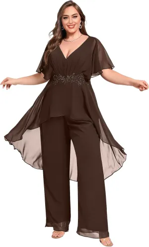 Plus Size Pantsuit Chiffon V Neck Mother of The Bride Pant Suits for Wedding Guest Formal Dresses Outfit Set