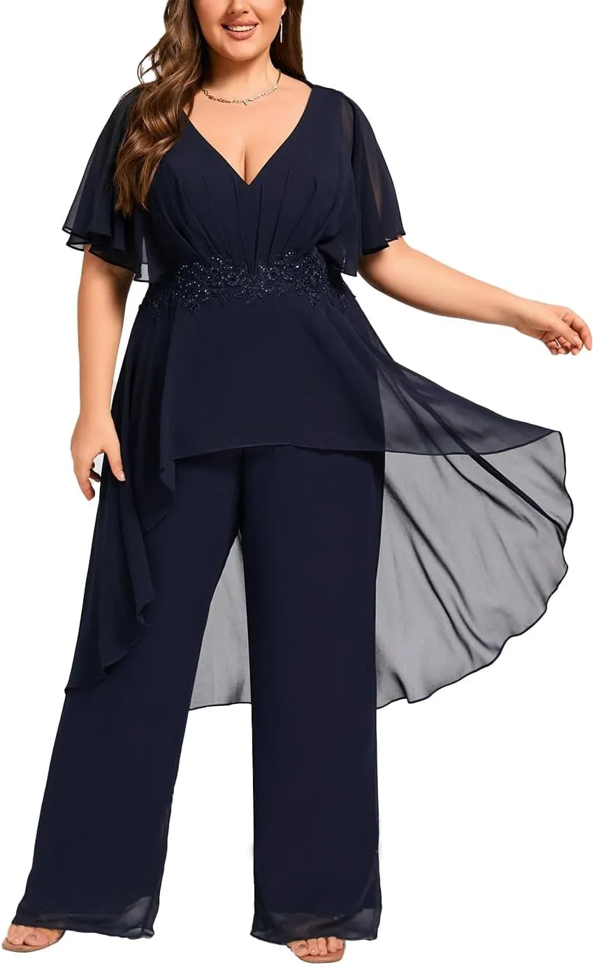 Plus Size Pantsuit Chiffon V Neck Mother of The Bride Pant Suits for Wedding Guest Formal Dresses Outfit Set