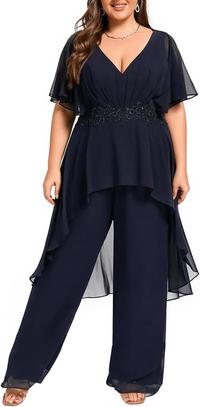 Plus Size Pantsuit Chiffon V Neck Mother of The Bride Pant Suits for Wedding Guest Formal Dresses Outfit Set