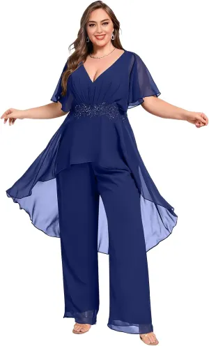 Plus Size Pantsuit Chiffon V Neck Mother of The Bride Pant Suits for Wedding Guest Formal Dresses Outfit Set