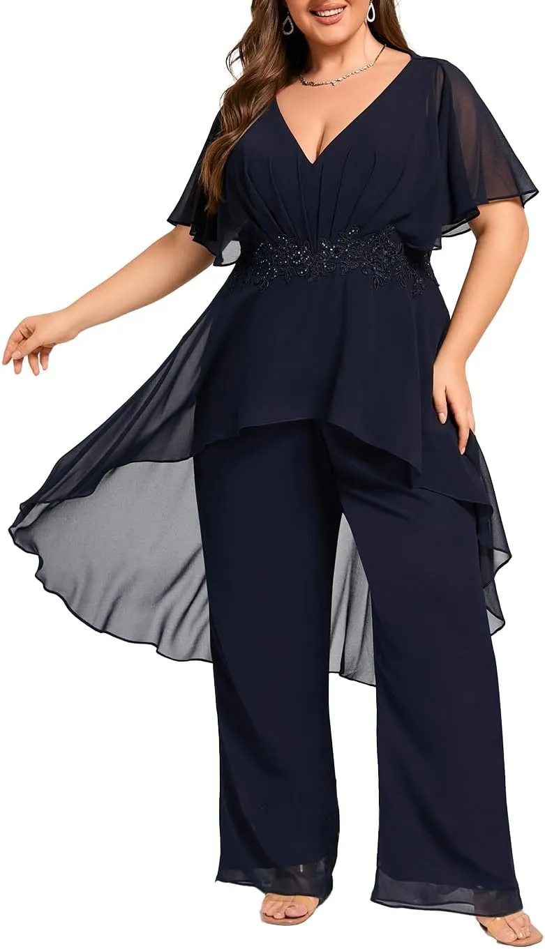 Plus Size Pantsuit Chiffon V Neck Mother of The Bride Pant Suits for Wedding Guest Formal Dresses Outfit Set