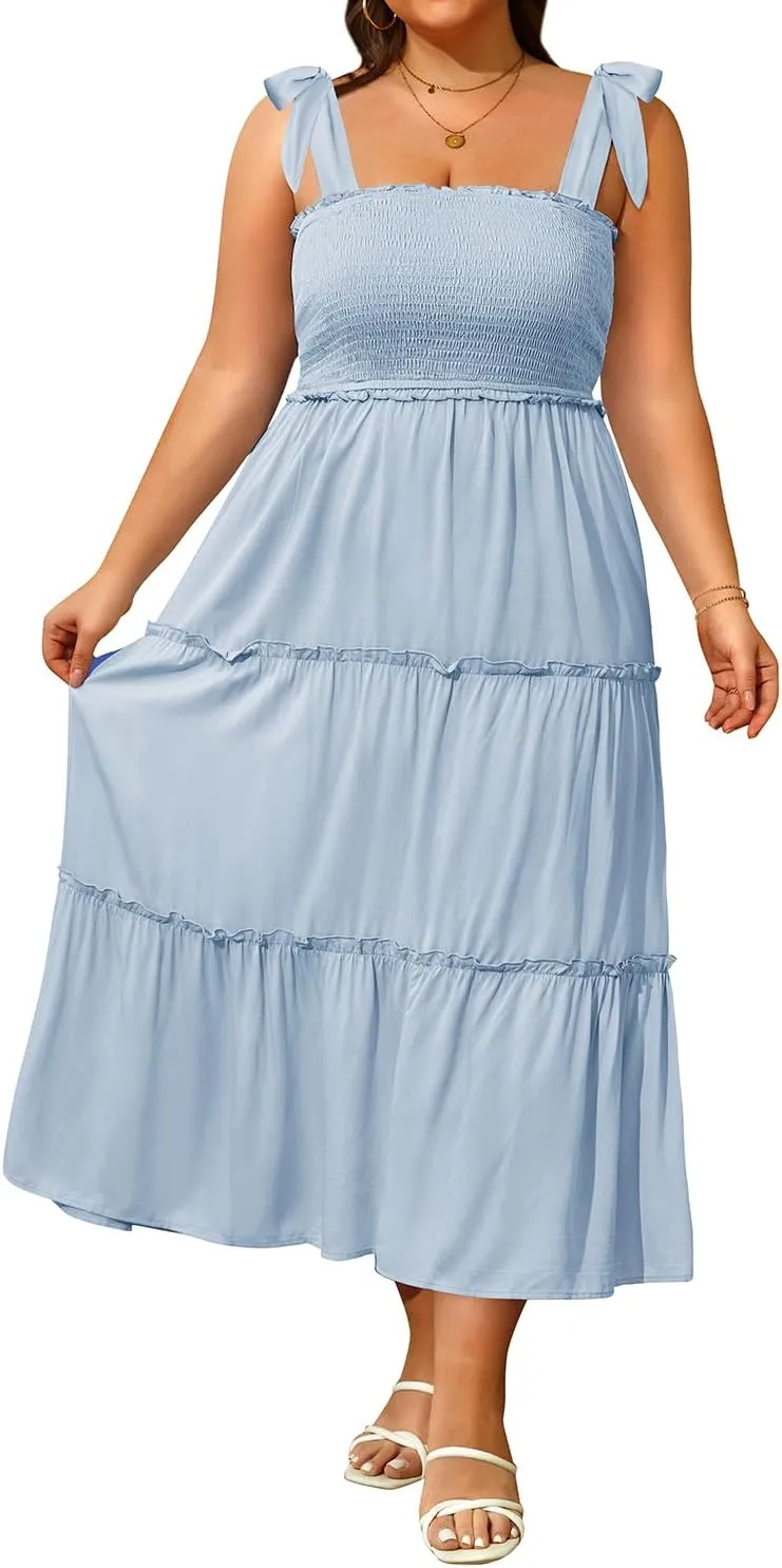 Plus Size Summer Dress - Sun Boho Beach Casual Floral Tiered Smocked Long Maxi Dresses
