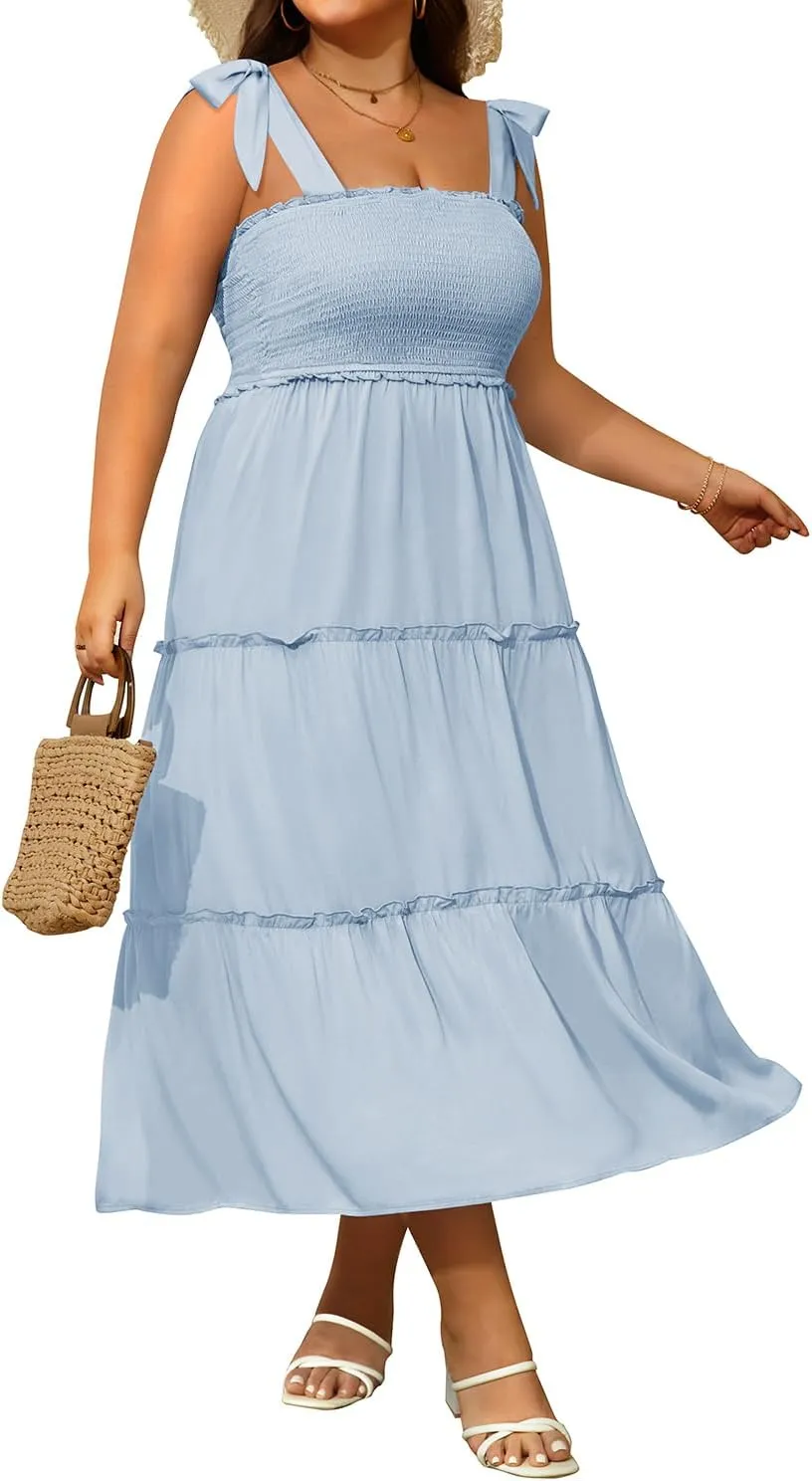 Plus Size Summer Dress - Sun Boho Beach Casual Floral Tiered Smocked Long Maxi Dresses