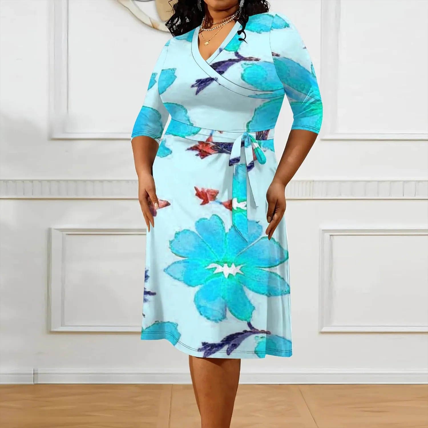 Plus Size Women Casual Loose Bohemian Floral Midi Dress with Belt 3/4 Sleeve V Neck Swing Sundress Travel Vacation Outfit
