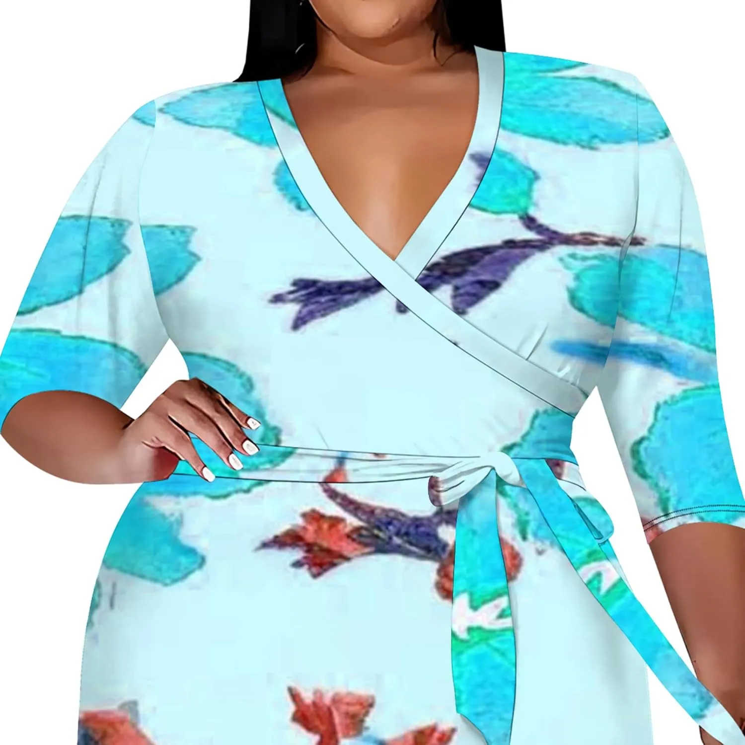 Plus Size Women Casual Loose Bohemian Floral Midi Dress with Belt 3/4 Sleeve V Neck Swing Sundress Travel Vacation Outfit
