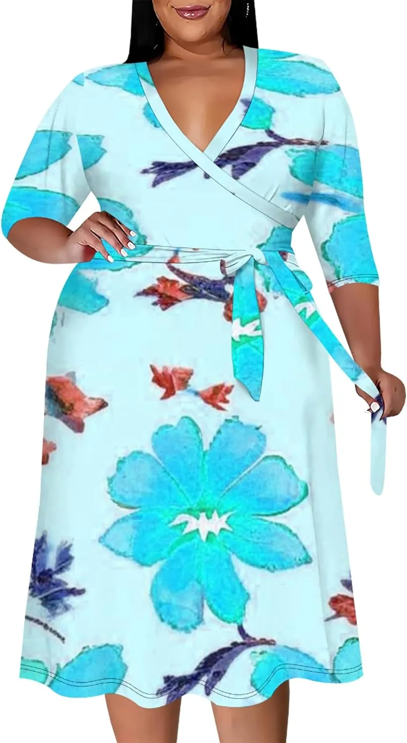 Plus Size Women Casual Loose Bohemian Floral Midi Dress with Belt 3/4 Sleeve V Neck Swing Sundress Travel Vacation Outfit