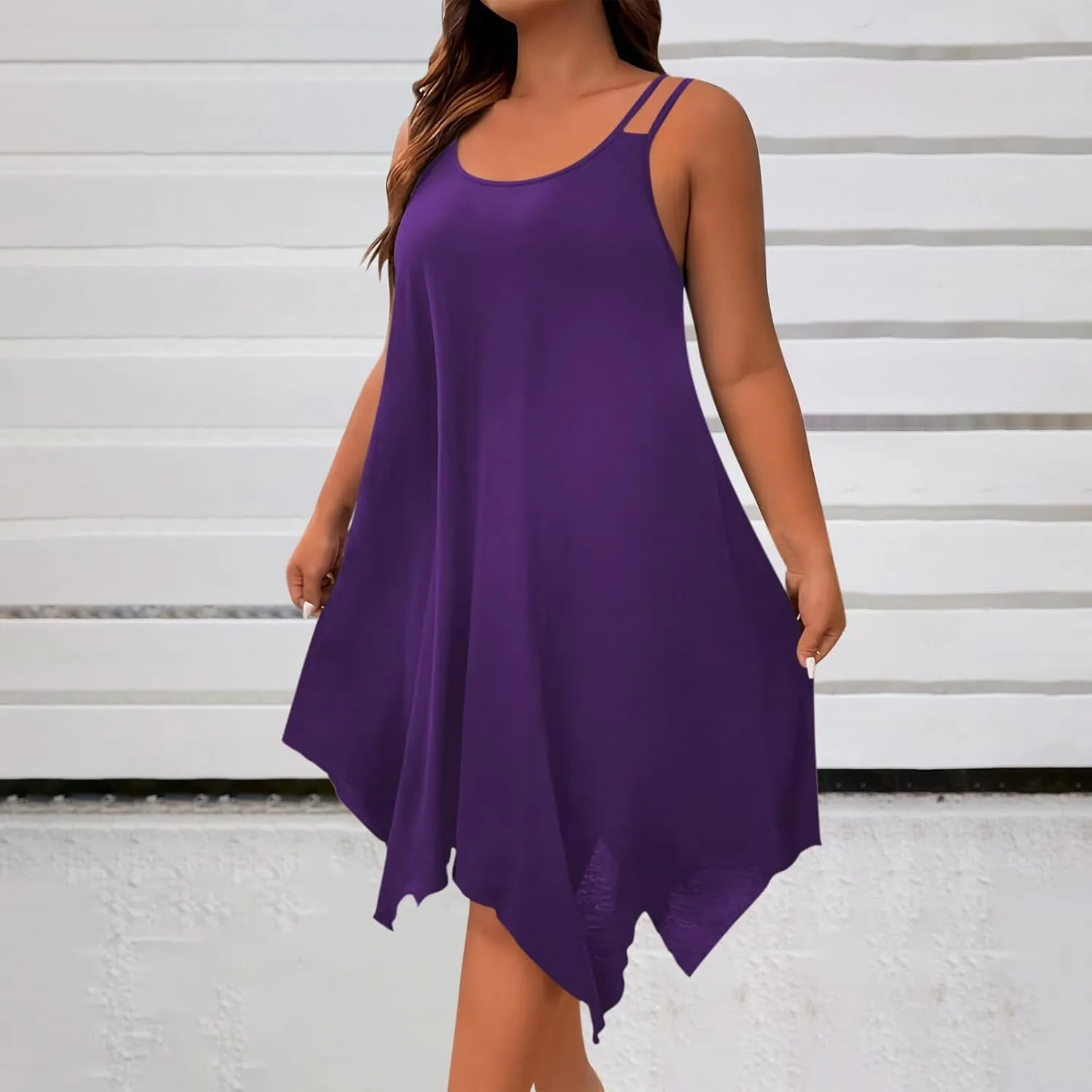 Plus Size Women Irregular Flowy Sundress Sleeveless Spaghetti Strap Midi Dress Summer Hi Low Swing Aline Dresses